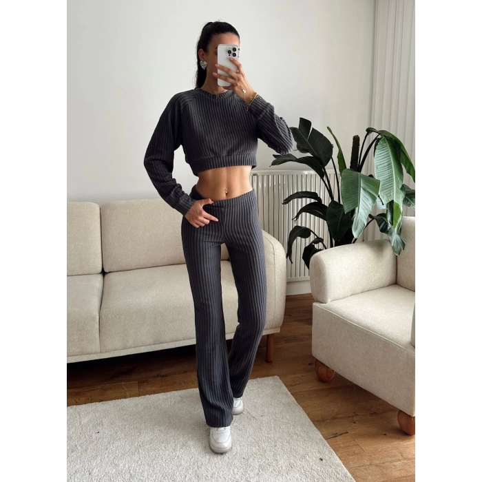 Fitilli Crop & Pantolon Takım - FÜME