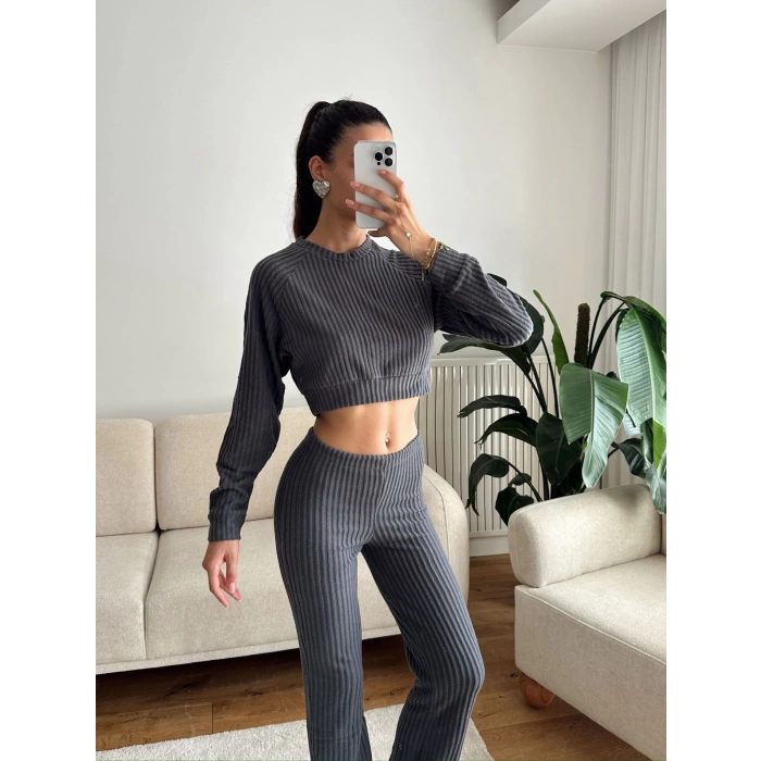 Fitilli Crop & Pantolon Takım - FÜME