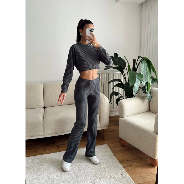 Fitilli Crop & Pantolon Takım - FÜME