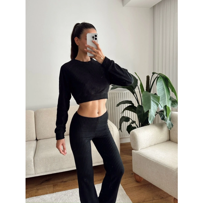 Fitilli Crop & Pantolon Takım - SİYAH