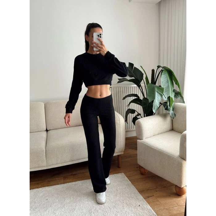 Fitilli Crop & Pantolon Takım - SİYAH