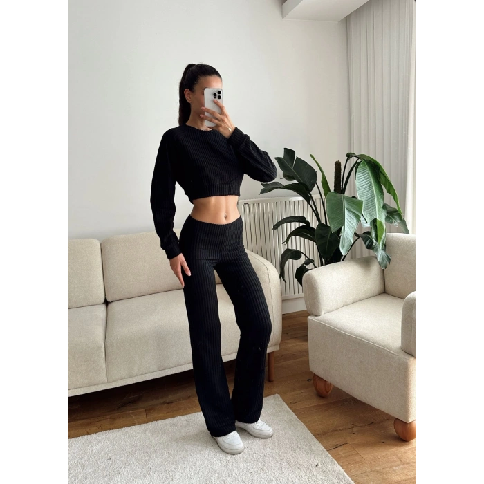 Fitilli Crop & Pantolon Takım - SİYAH