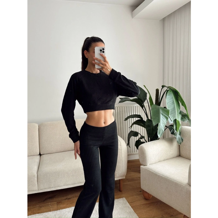 Fitilli Crop & Pantolon Takım - SİYAH