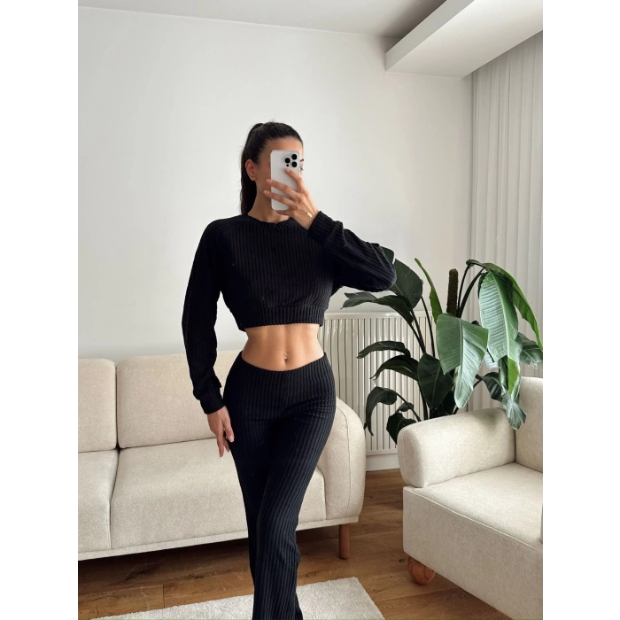 Fitilli Crop & Pantolon Takım - SİYAH
