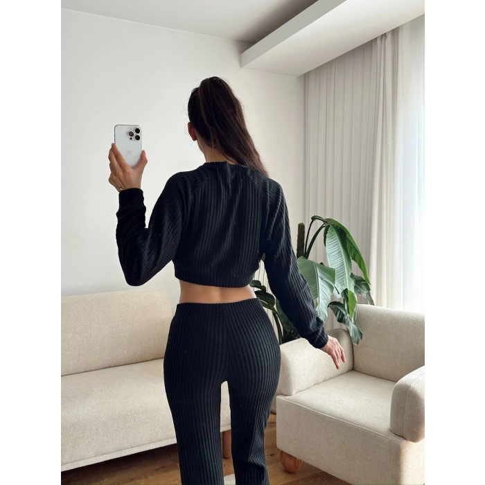 Fitilli Crop & Pantolon Takım - SİYAH