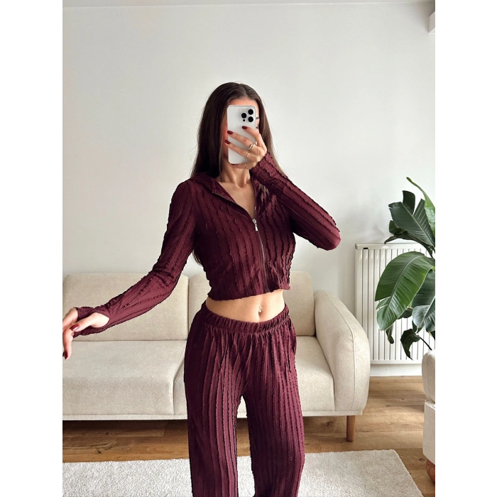 Fitilli Kapüşonlu Crop & Pantolon Takım - BORDO