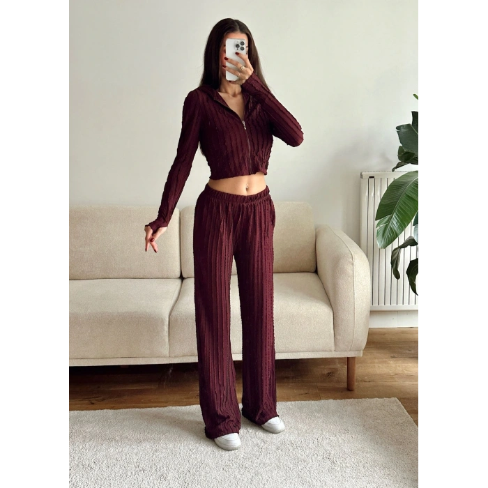 Fitilli Kapüşonlu Crop & Pantolon Takım - BORDO
