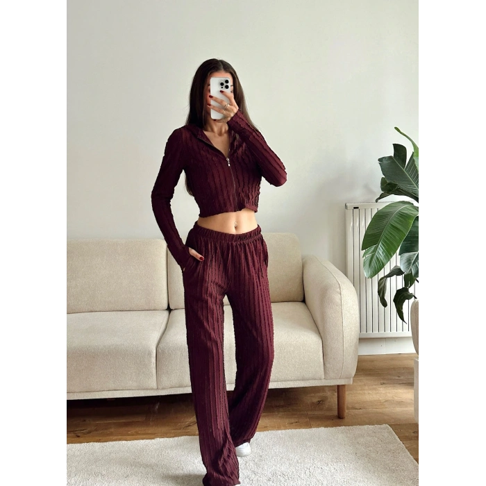 Fitilli Kapüşonlu Crop & Pantolon Takım - BORDO