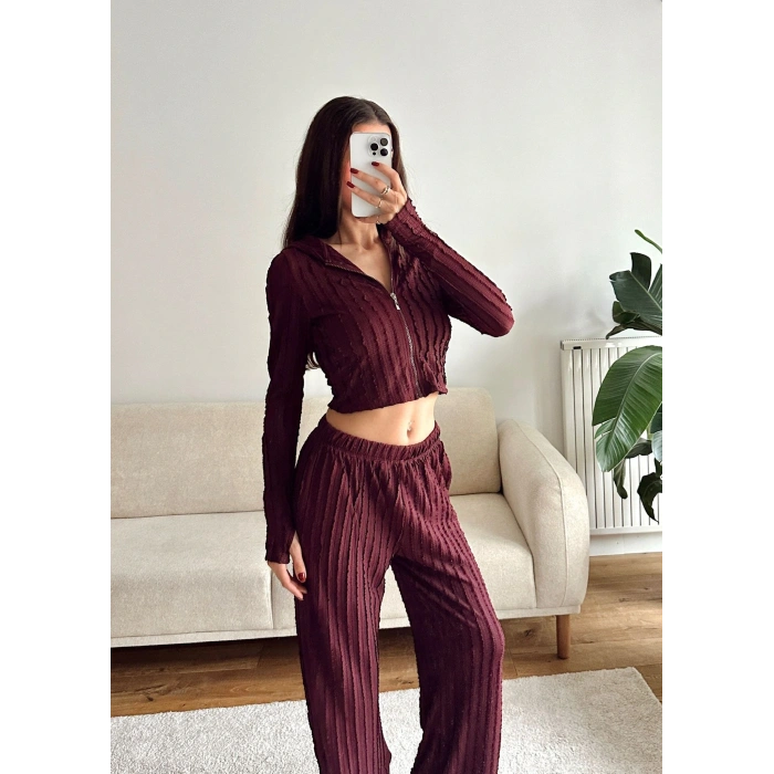 Fitilli Kapüşonlu Crop & Pantolon Takım - BORDO