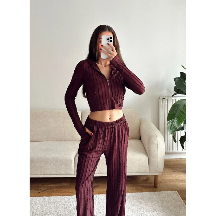 Fitilli Kapüşonlu Crop & Pantolon Takım - BORDO
