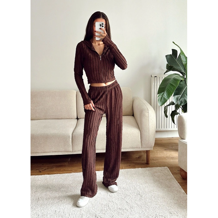 Fitilli Kapüşonlu Crop & Pantolon Takım - KAHVE
