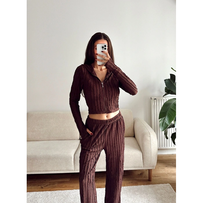 Fitilli Kapüşonlu Crop & Pantolon Takım - KAHVE