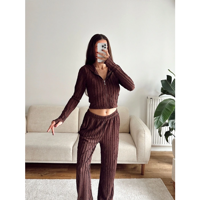 Fitilli Kapüşonlu Crop & Pantolon Takım - KAHVE
