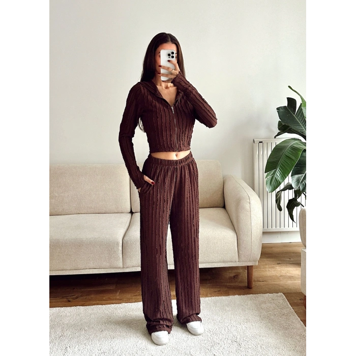Fitilli Kapüşonlu Crop & Pantolon Takım - KAHVE