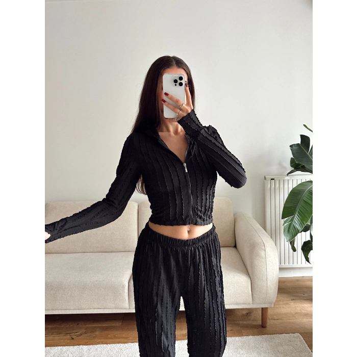 Fitilli Kapüşonlu Crop & Pantolon Takım - SİYAH