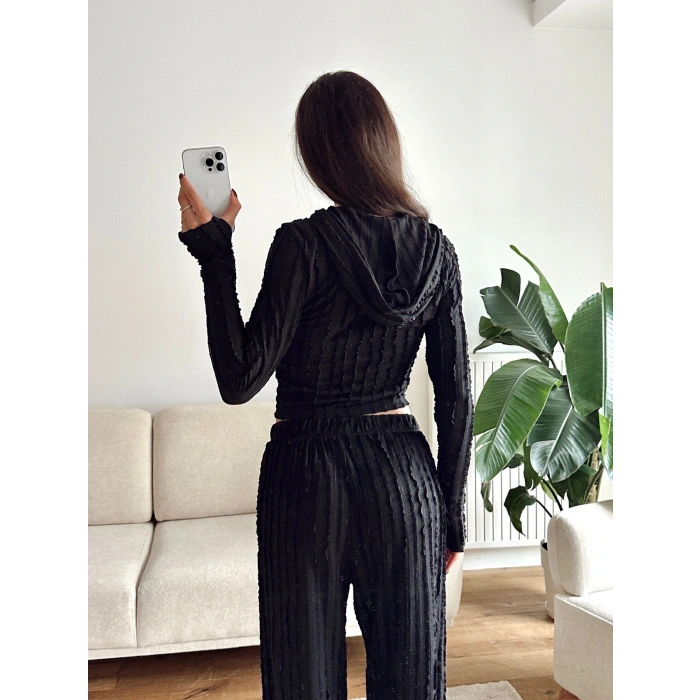 Fitilli Kapüşonlu Crop & Pantolon Takım - SİYAH