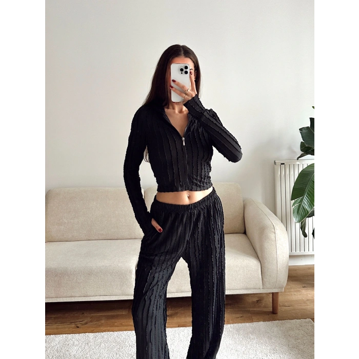 Fitilli Kapüşonlu Crop & Pantolon Takım - SİYAH