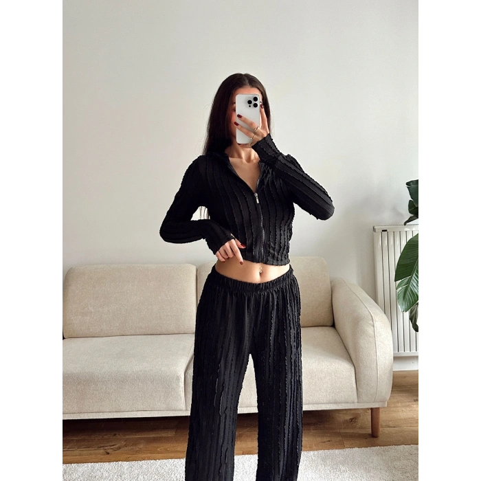 Fitilli Kapüşonlu Crop & Pantolon Takım - SİYAH
