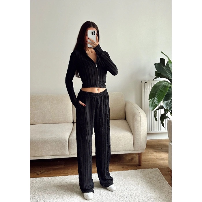 Fitilli Kapüşonlu Crop & Pantolon Takım - SİYAH