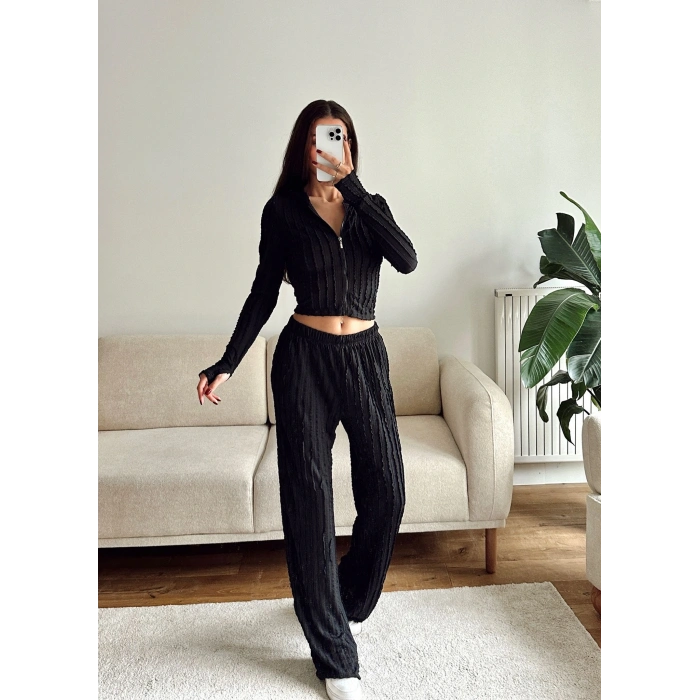 Fitilli Kapüşonlu Crop & Pantolon Takım - SİYAH