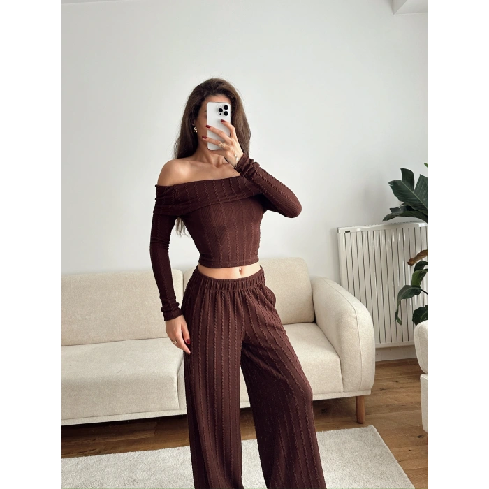 Fitilli Madonna Crop & Pantolon Takım - KAHVE