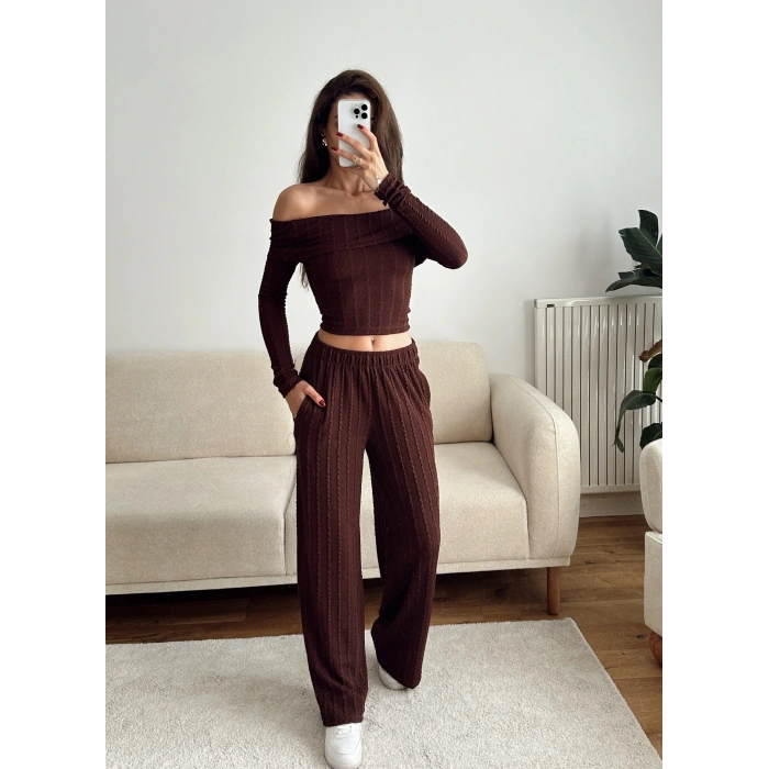 Fitilli Madonna Crop & Pantolon Takım - KAHVE