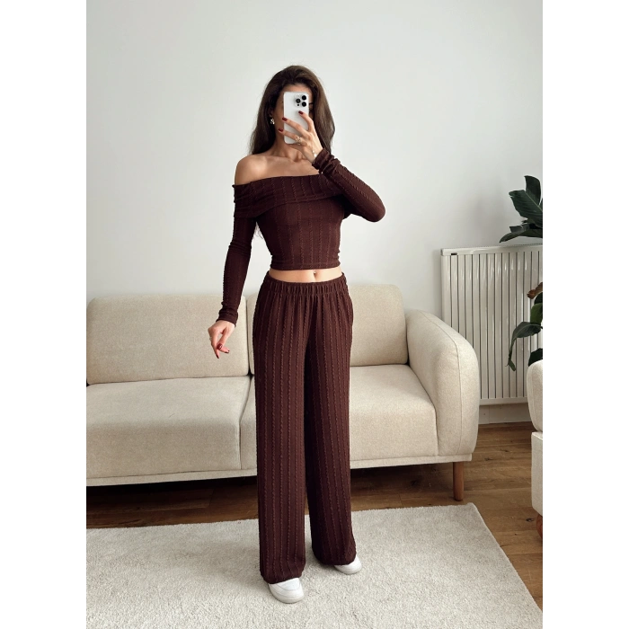 Fitilli Madonna Crop & Pantolon Takım - KAHVE
