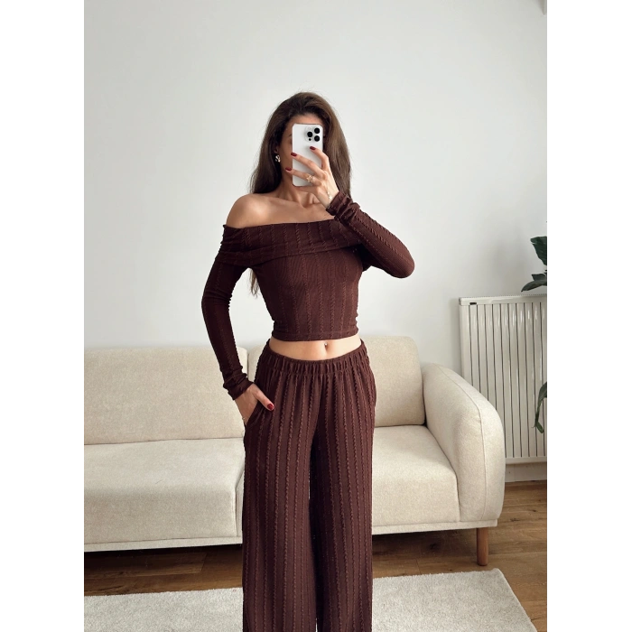 Fitilli Madonna Crop & Pantolon Takım - KAHVE