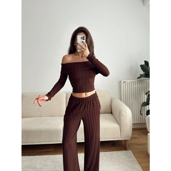 Fitilli Madonna Crop & Pantolon Takım - KAHVE