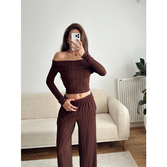 Fitilli Madonna Crop & Pantolon Takım - KAHVE