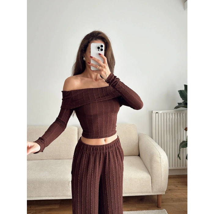 Fitilli Madonna Crop & Pantolon Takım - KAHVE