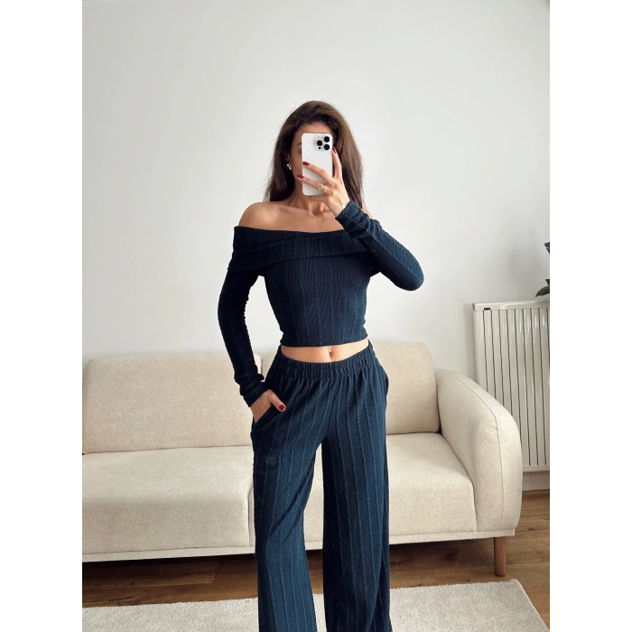 Fitilli Madonna Crop & Pantolon Takım - LACİVERT
