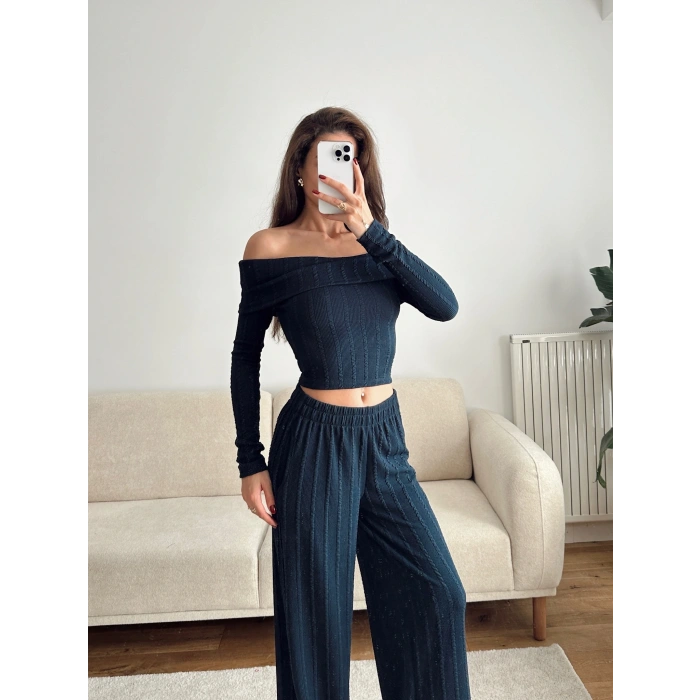 Fitilli Madonna Crop & Pantolon Takım - LACİVERT