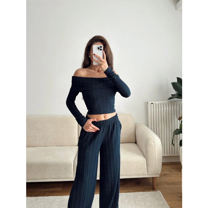 Fitilli Madonna Crop & Pantolon Takım - LACİVERT