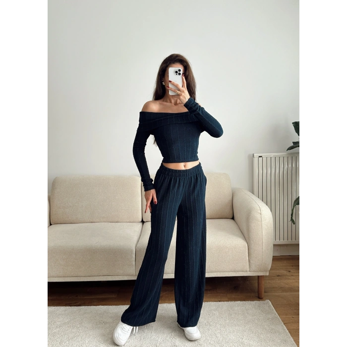 Fitilli Madonna Crop & Pantolon Takım - LACİVERT