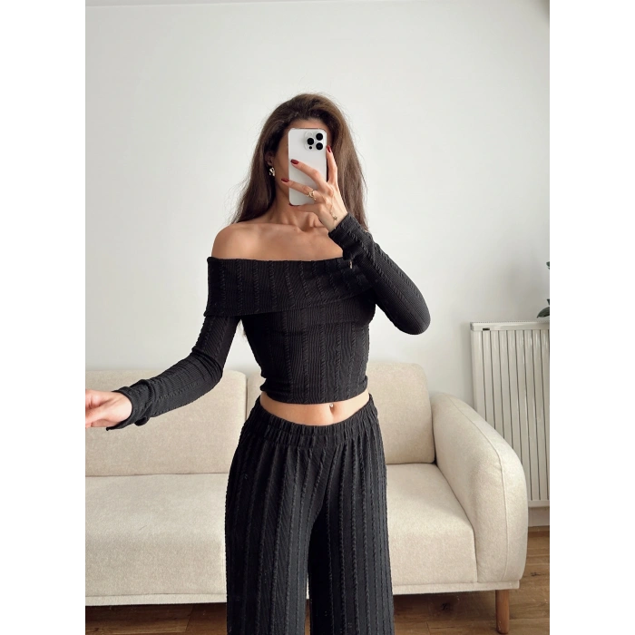 Fitilli Madonna Crop & Pantolon Takım - SİYAH