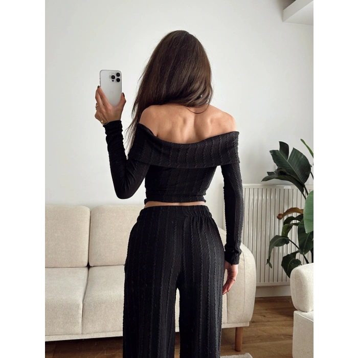 Fitilli Madonna Crop & Pantolon Takım - SİYAH
