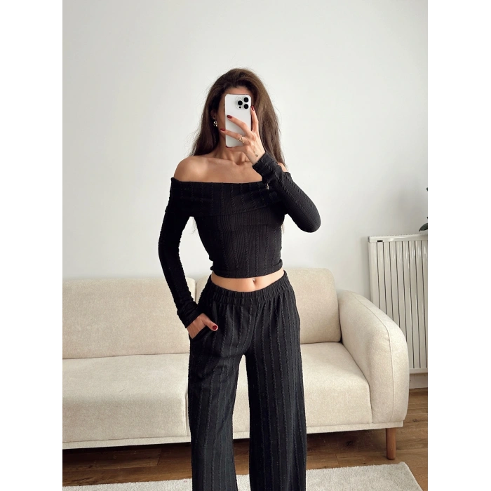Fitilli Madonna Crop & Pantolon Takım - SİYAH