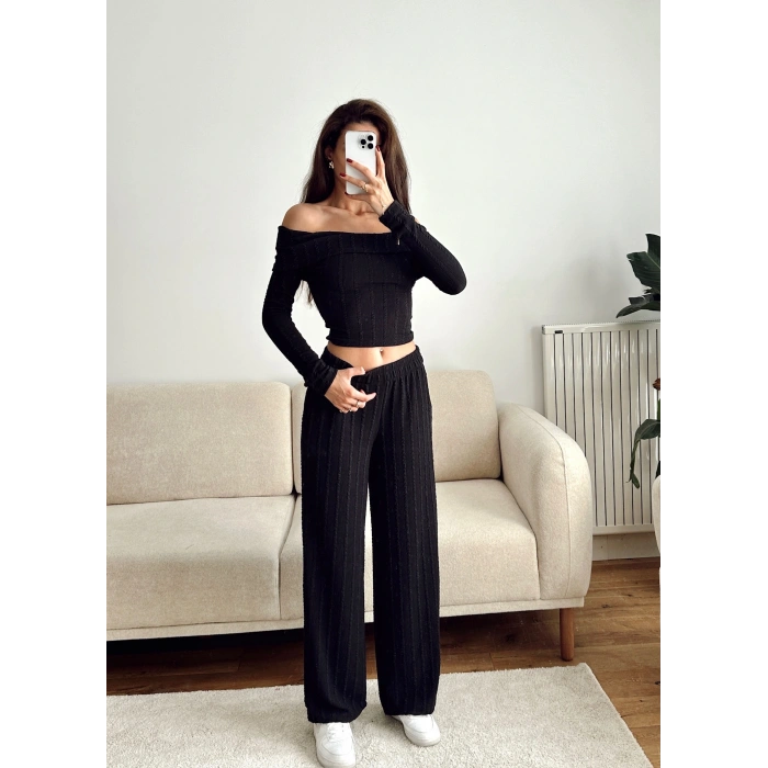 Fitilli Madonna Crop & Pantolon Takım - SİYAH