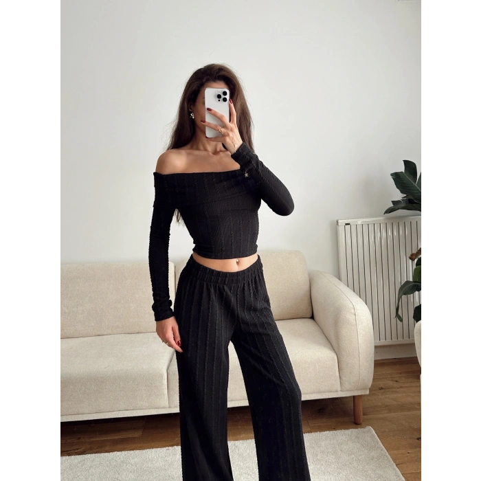 Fitilli Madonna Crop & Pantolon Takım - SİYAH