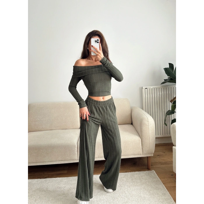 Fitilli Madonna Crop & Pantolon Takım - YEŞİL