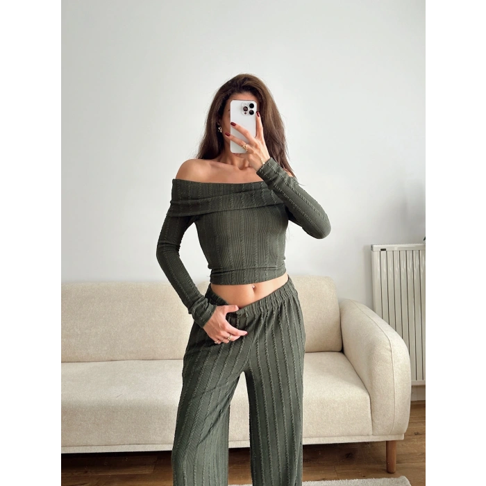 Fitilli Madonna Crop & Pantolon Takım - YEŞİL