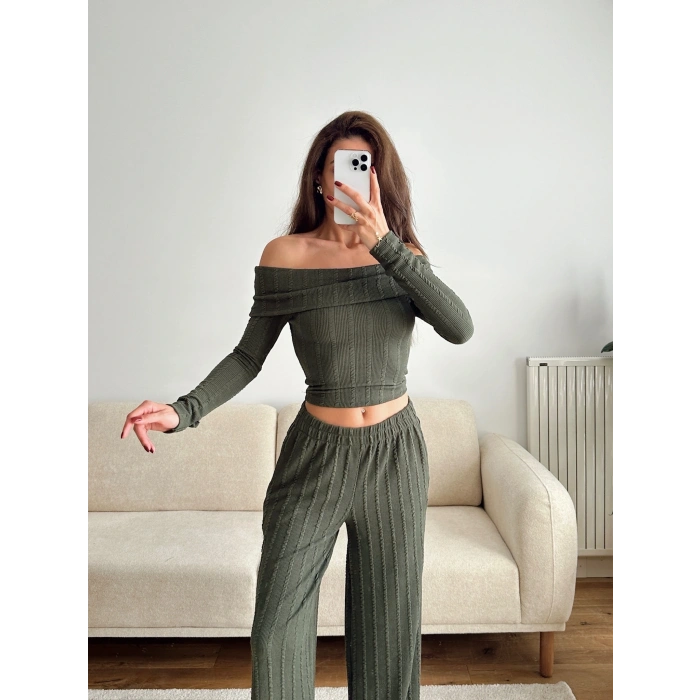 Fitilli Madonna Crop & Pantolon Takım - YEŞİL