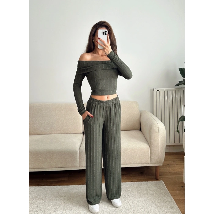 Fitilli Madonna Crop & Pantolon Takım - YEŞİL