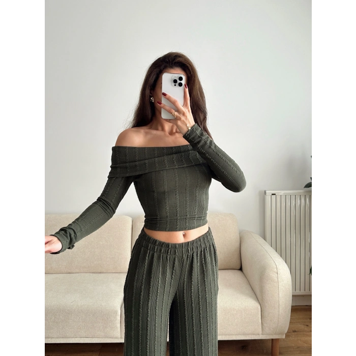 Fitilli Madonna Crop & Pantolon Takım - YEŞİL