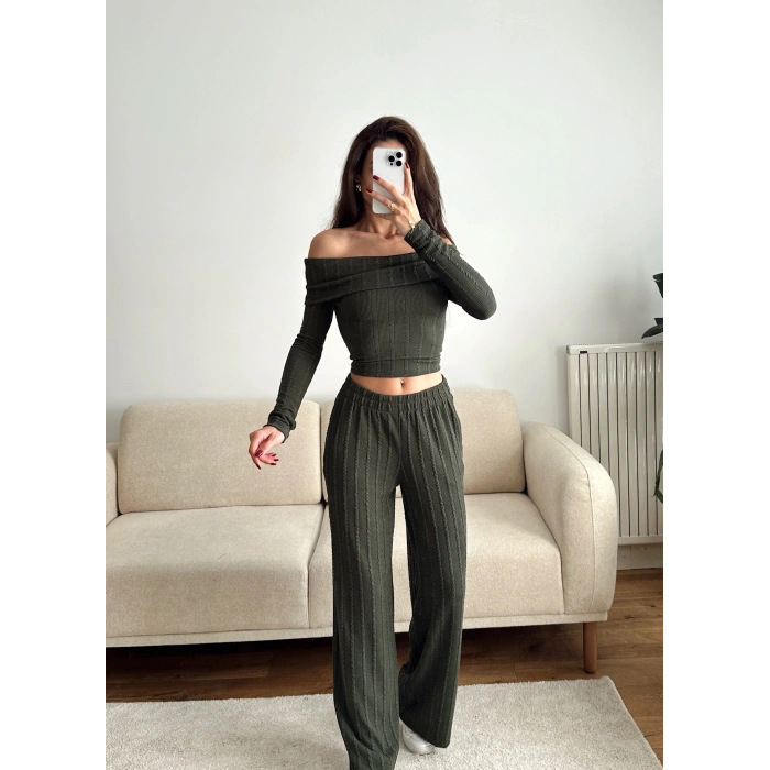 Fitilli Madonna Crop & Pantolon Takım - YEŞİL