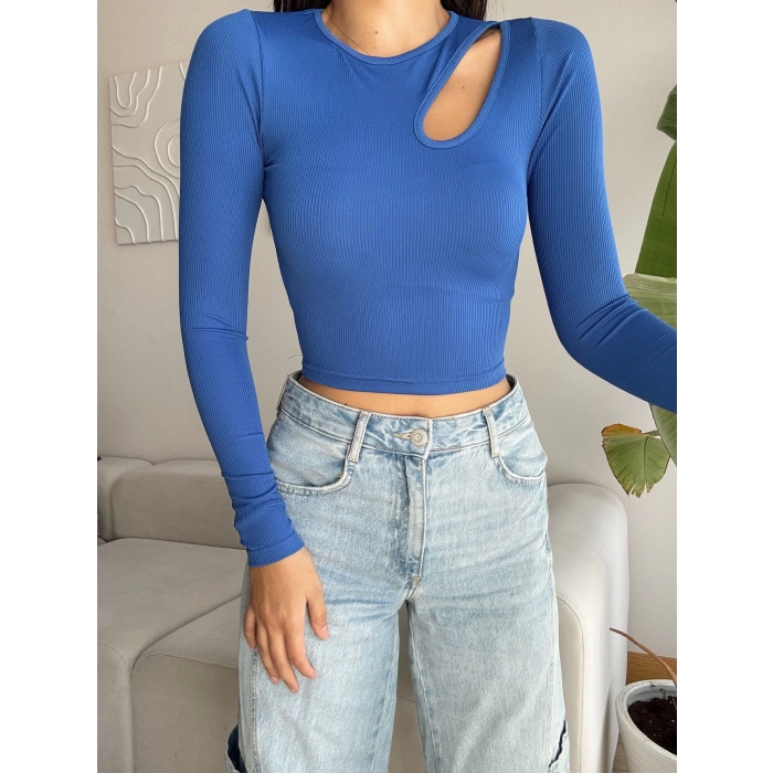 Fitilli Omuz Damla Detay Crop - SAKS MAVİSİ