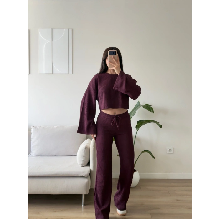 Fitilli Salaş Crop İkili Takım - BORDO
