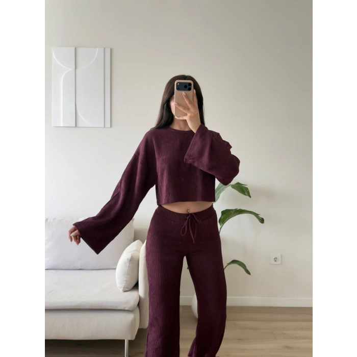 Fitilli Salaş Crop İkili Takım - BORDO