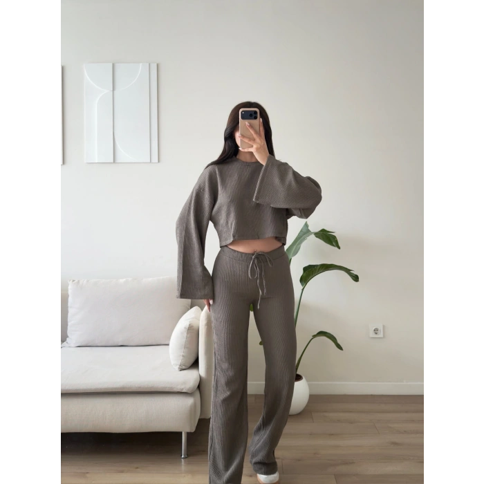 Fitilli Salaş Crop İkili Takım - GRİ